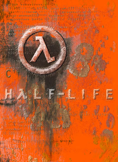 Imagen de portada del juego Half Life acompañada de su logo, el cual es representado con la letra griega lambda con tonos naranjas